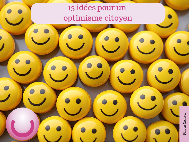 Photo représentant une quinzaine de visages "smileys" jaunes, avec l'un des visages remplacé par le logo de la Ligue des Optimistes (rond rose avec un sourire)