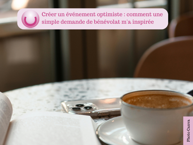 Image Canva montrant un café, un livre et un téléphone portable retourné - créer un événement optimiste